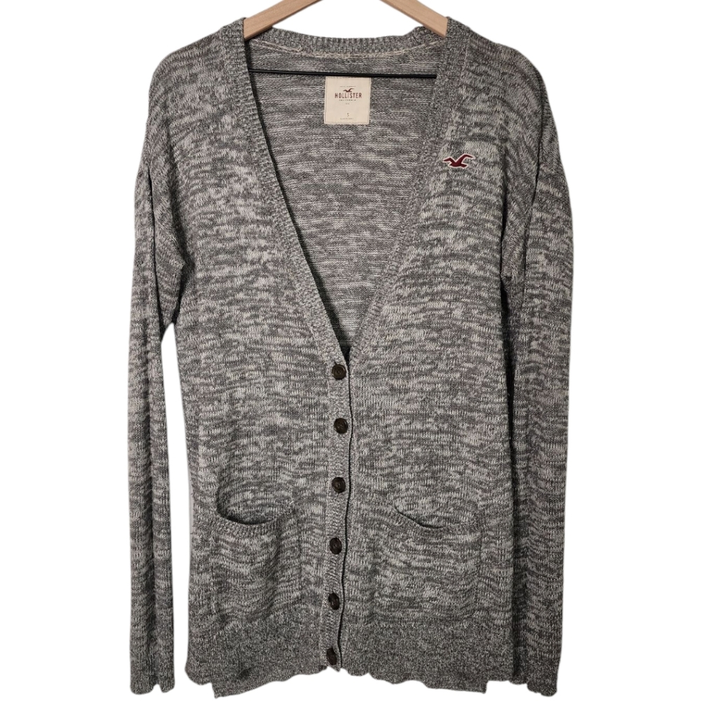 Hollister Womens Small Button Front V Neck Pocket Long Sleeve Cardigan Gray